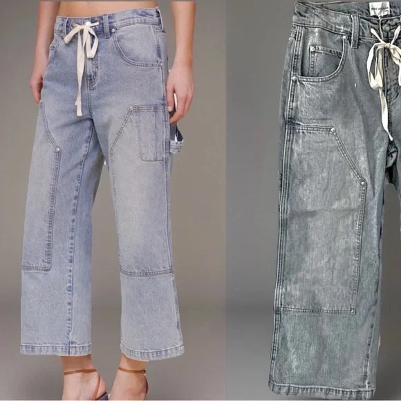 Avec Les Filles NWT Drawstring Cropped Wide Leg Badlands Wash Cargo Jeans, 27 - Picture 9 of 15